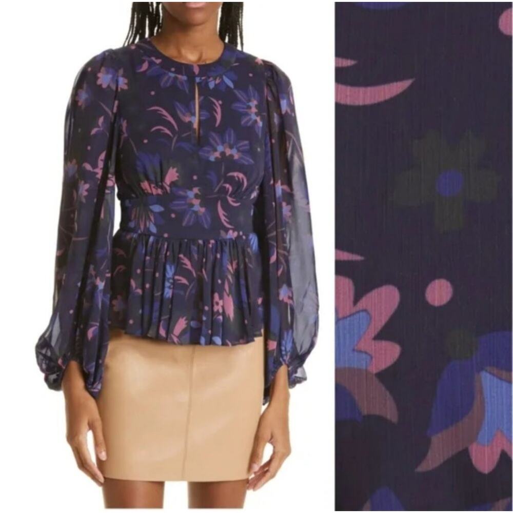 Ted Baker London Navy Purple Floral Stephanie Keyhole Detail Blouse U.S. Size 8